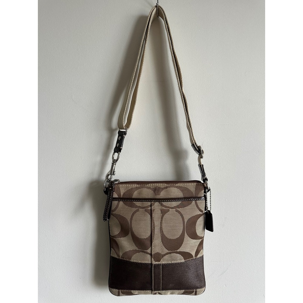 Coach Signature C Monogram Brown Khaki Canvas Leather Crossbody File Bag